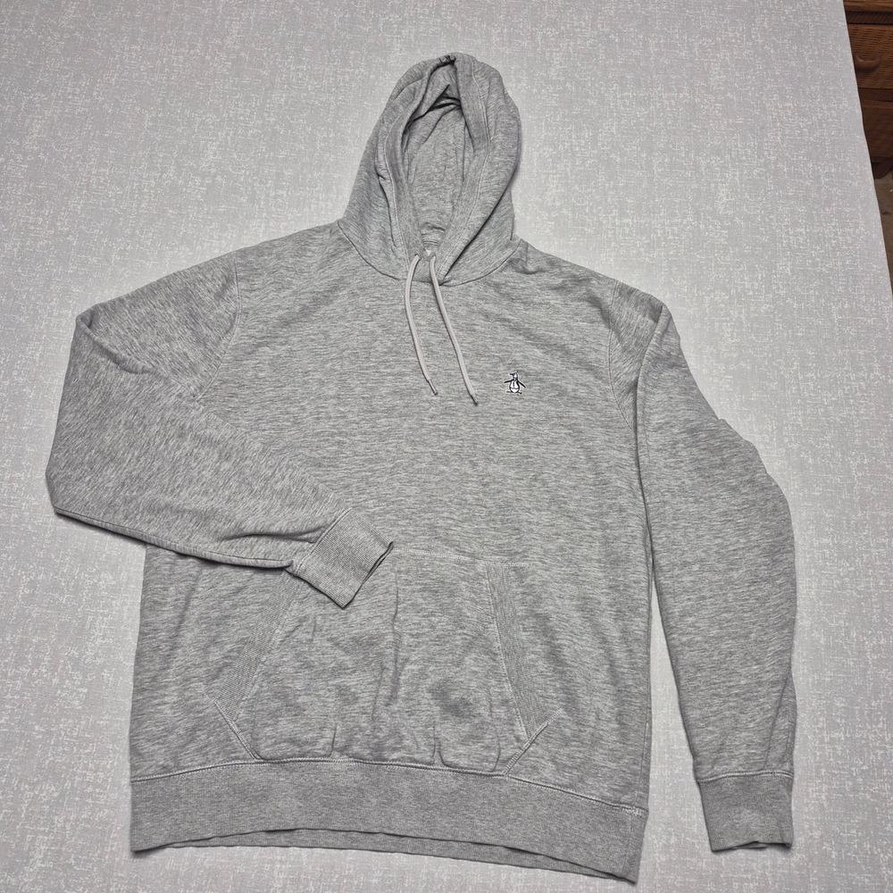 Original Penguin Mens Gray Fleece Pullover Hoodie Sweatshirt Large Logo L/G
